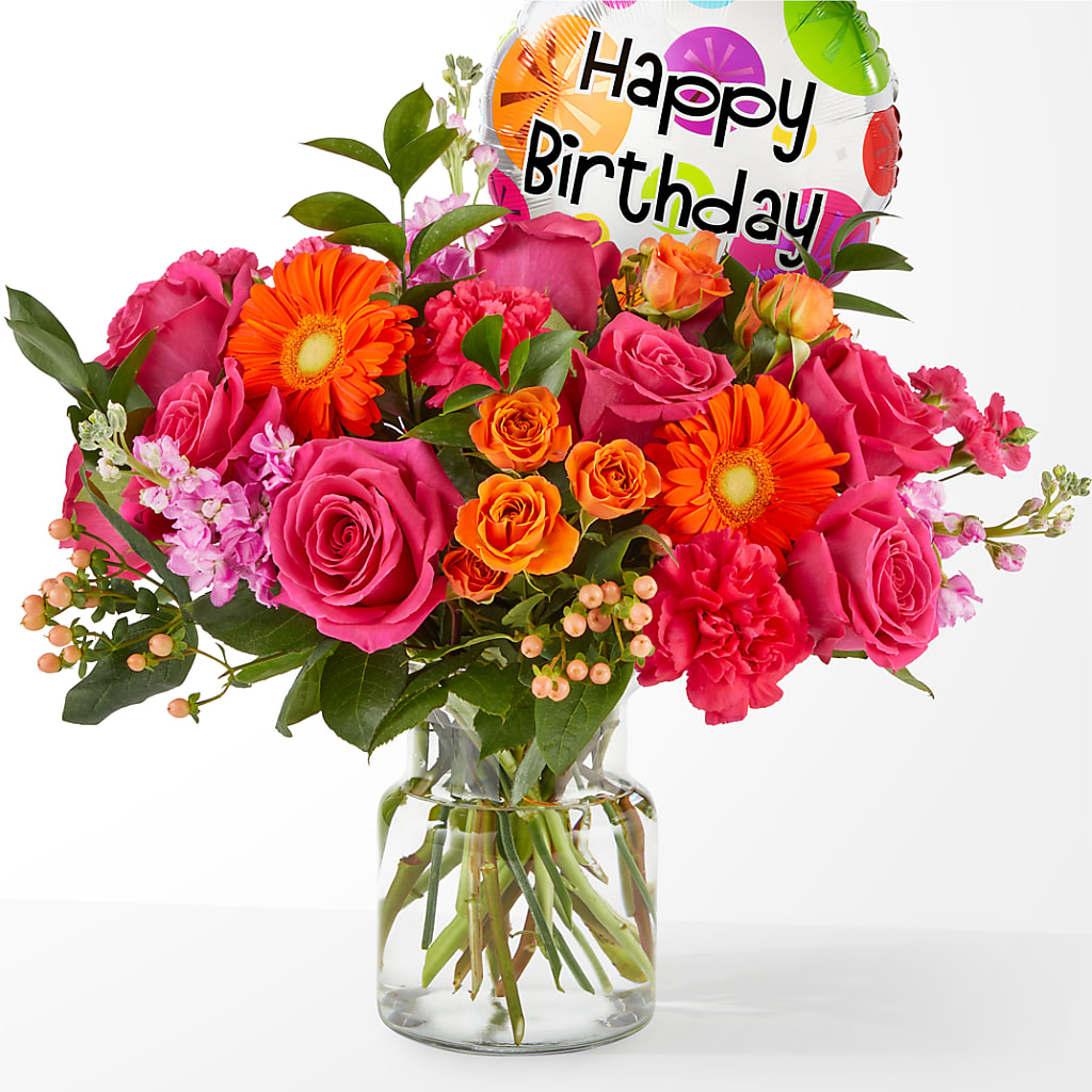 Fiesta Bouquet with Birthday Balloon – Hirzel Brothers Greenhouse, Toledo OH