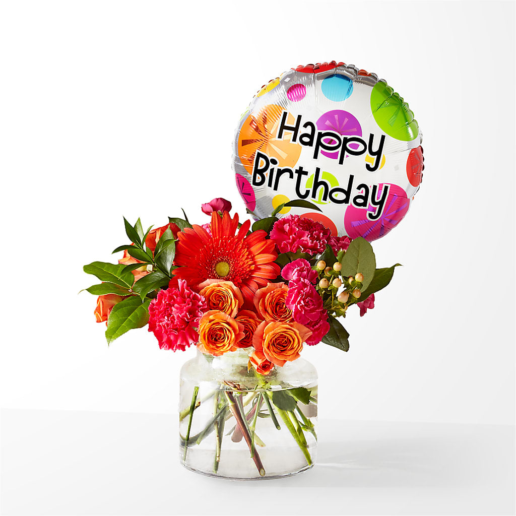 Fiesta Bouquet with Birthday Balloon – Hirzel Brothers Greenhouse, Toledo OH