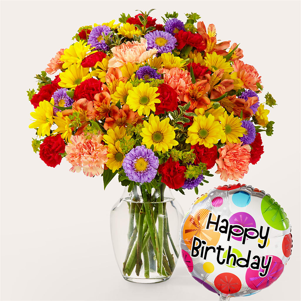 Kaleidoscope Bouquet with Birthday Balloon – Hirzel Brothers Greenhouse, Toledo OH