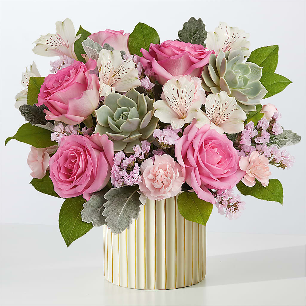 Dusty Rose Bouquet with Ivory Vase – Hirzel Brothers Greenhouse, Toledo OH