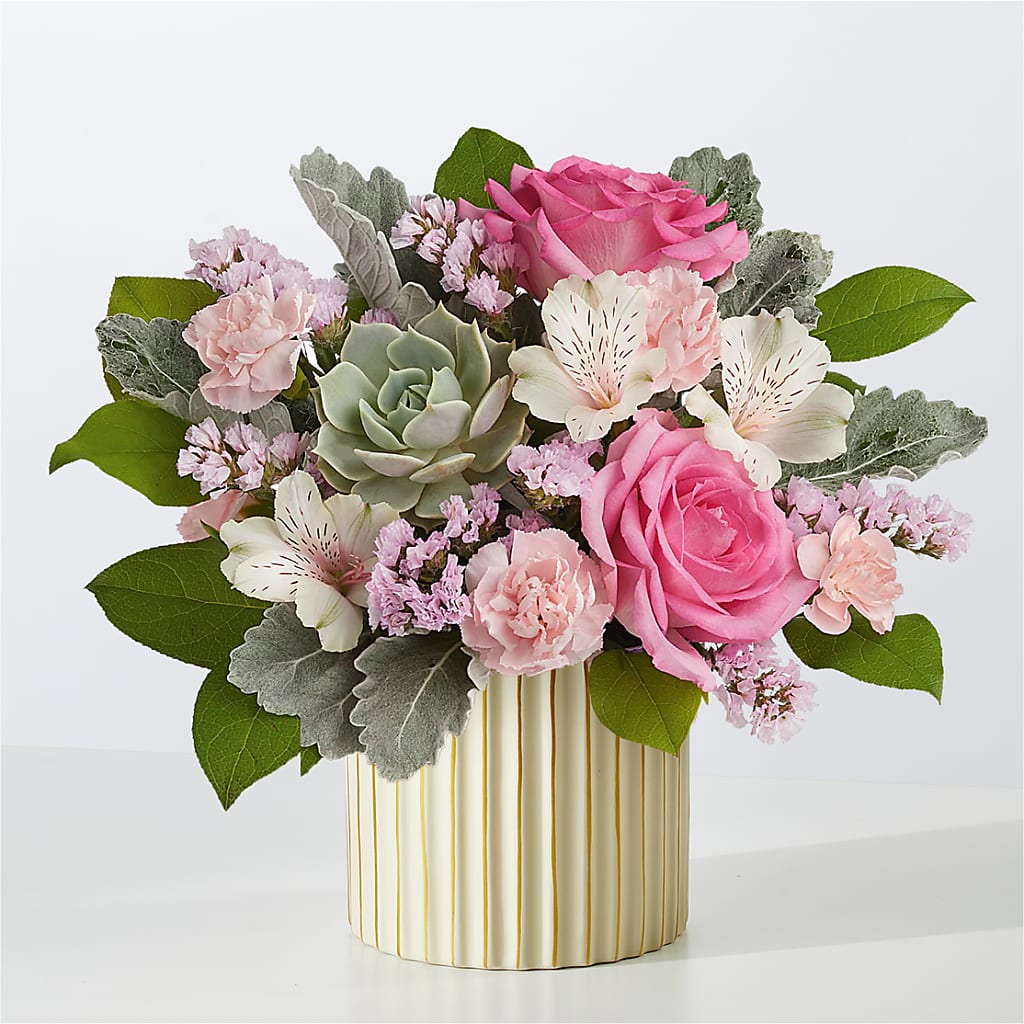 Dusty Rose Bouquet with Ivory Vase – Hirzel Brothers Greenhouse, Toledo OH