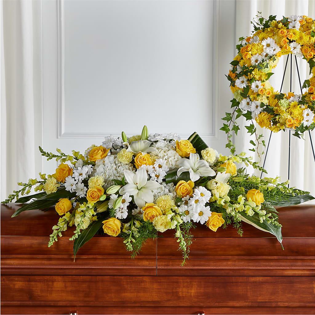 Golden Harmony Casket Spray – Hirzel Brothers Greenhouse, Toledo OH