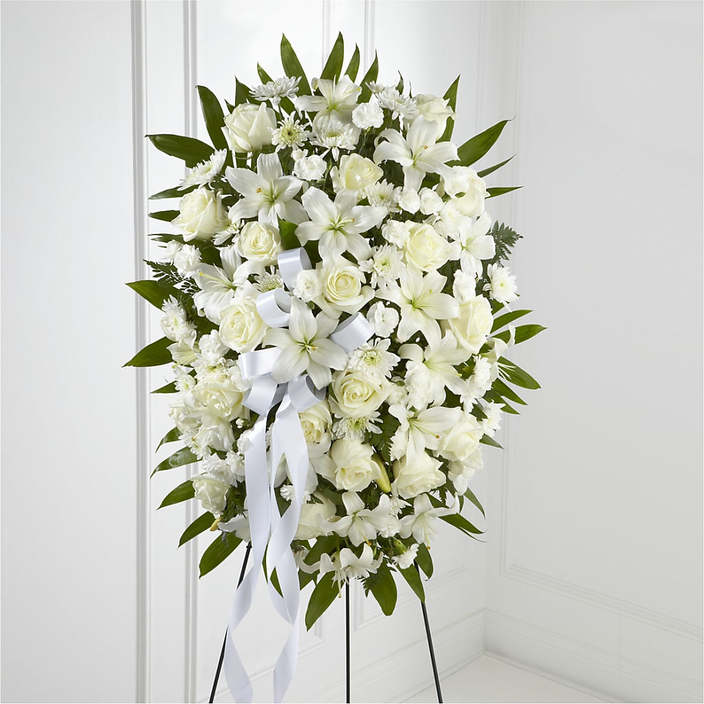 Exquisite Tribute Standing Spray-White Ribbon – Hirzel Brothers Greenhouse, Toledo OH