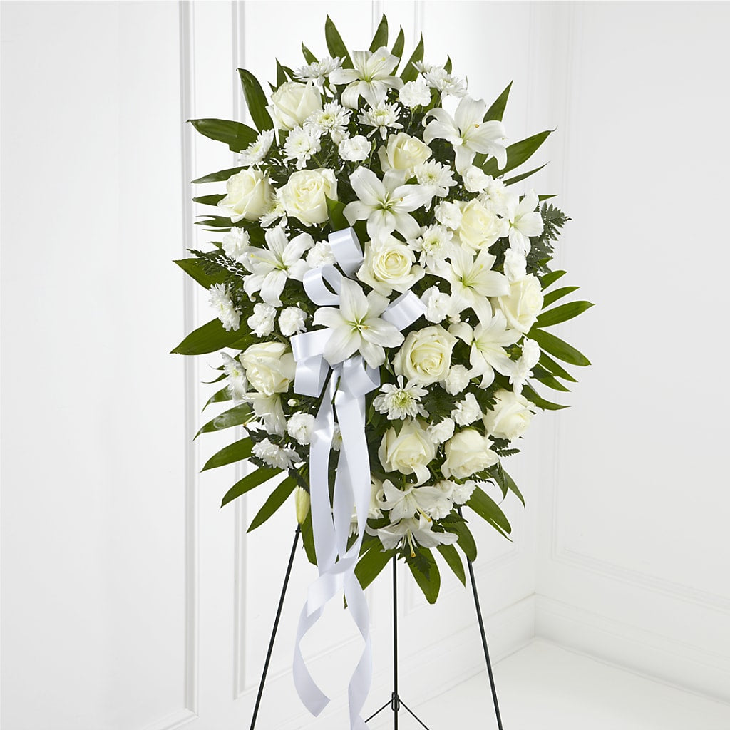 Exquisite Tribute Standing Spray-White Ribbon – Hirzel Brothers Greenhouse, Toledo OH