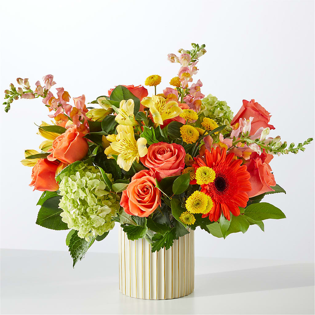 Autumn Sunshine Bouquet with Ivory Vase – Hirzel Brothers Greenhouse, Toledo OH