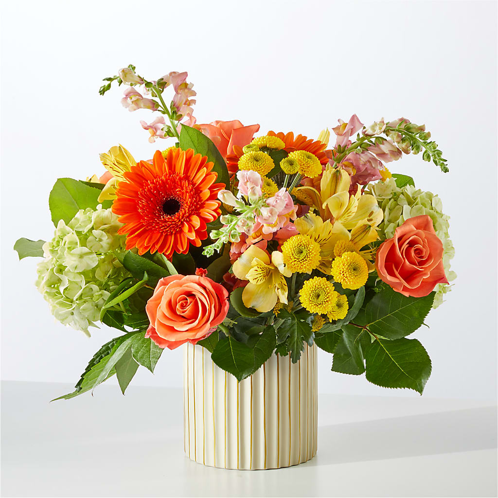 Autumn Sunshine Bouquet with Ivory Vase –  Hirzel Brothers Greenhouse, Toledo OH