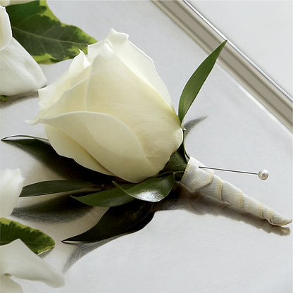 White Rose Boutonniere –  Hirzel Brothers Greenhouse, Toledo OH